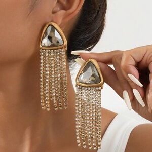 2/$30🌵 Vintage Style Gold Triangle Rhinestone Tassel Earrings Jumbo Boho NEW